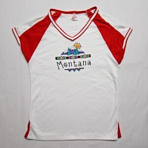 Vintage Montana Graphic Tee Le Riche Red White V-Neck Large Short Sleeve Shirt